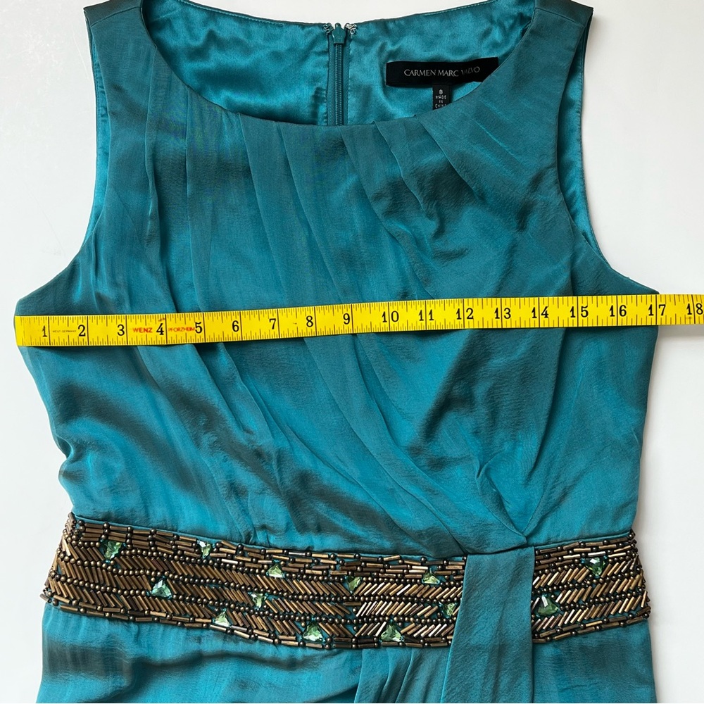 Carmen Marc beautiful %100 silk beaded ruched teal  Size 8 - Picture 9 of 11